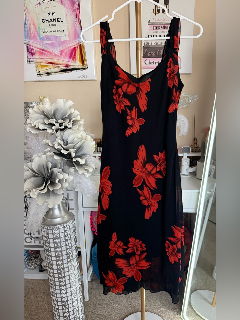 Prince Black Midi Dress with Red Floral Print